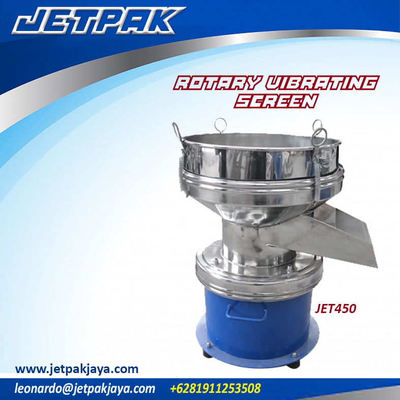 Rotary Vibrating ScreenJET-450 type filtration machine is a new type and single layer filter and screening equipment with the reasonable structure, stable performance, high screening efficiency, convenient maintenance and movement, etc., and both used for powder and granule, but can be used liquid filtration. It consists of machine body, vibrating motor, outlet hopper, sieve machine-control device, adopts a new type vibrating structure, and widely used for all industry manufacturers with single layer screening and small filtering handling capacity material with fewer impurities.1. The part contacting material must be 100% stainless steel 3042. No mesh plug, no dust flying, no powder leakage, easy operation and cleaning3. High screening efficiency, refined and durable design, suit for any powder, particle and liquid screening4. Small volume, light weight, easy to move, convenient movement5. Automatically discharged, working constantly 6. Unique screen frame design, the screen can be replaced quickly and easily