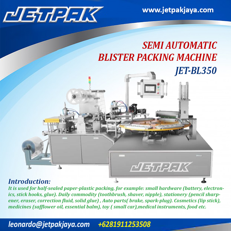 The machine can automatic forming blister, cutting, putting vacuum formed cover, and automatic feeding paper card, hot sealing, conveying the products out and scrap rewinding etc.For more detailed InformationPlease ContactMr. Leonardo Jr : +6281911253508PT. JETPAK MANDIRI JAYA PACKAGING MACHINE – CONVEYOR SYSTEM – AUTOMATION – PRINTING – FABRICATION.https://www.jetpakjaya.com