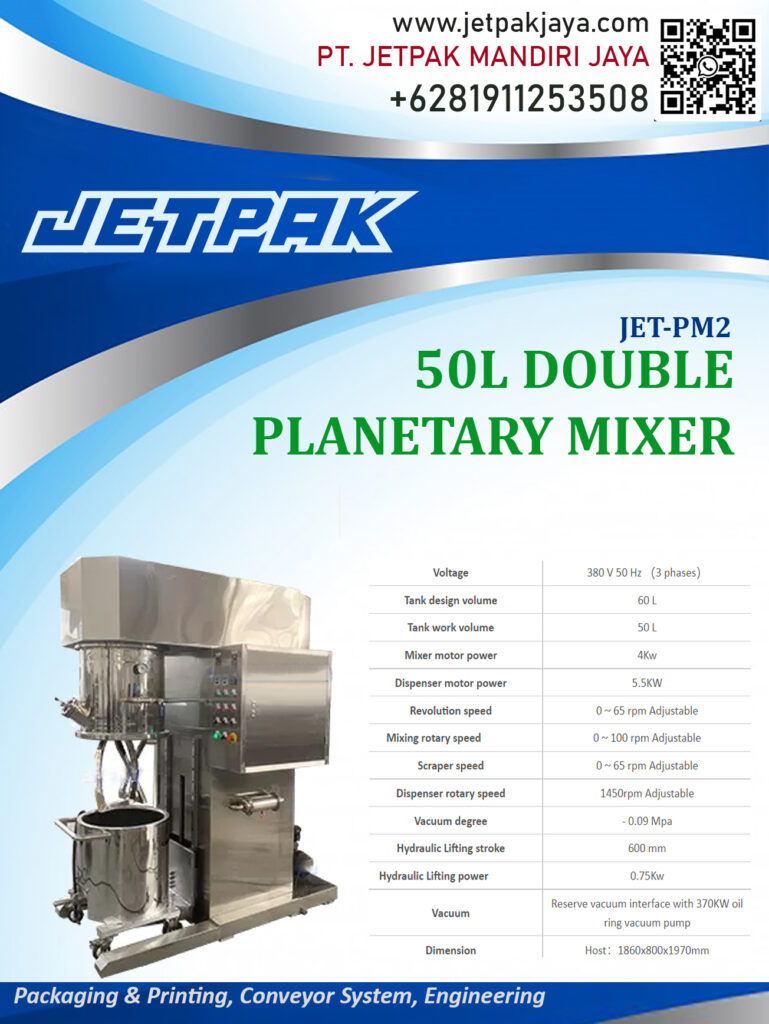 The double planetary mixer is divided into a geared motor, a cover, a planet carrier, a mixer, a wall scraper, a bucket, a single-column hydraulic lifting system, a vacuum system, and a frame. It is a new and high-efficiency mixing device developed by innovation and improvement on the basis of digesting and absorbing advanced technologies at home and abroad.

For more information please contact:

Leonardo Jr : +6285320680758

PT. JETPAK MANDIRI JAYA PACKAGING MACHINE – CONVEYOR SYSTEM – AUTOMATION – PRINTING – FABRICATION.
https://www.jetpakjaya.com