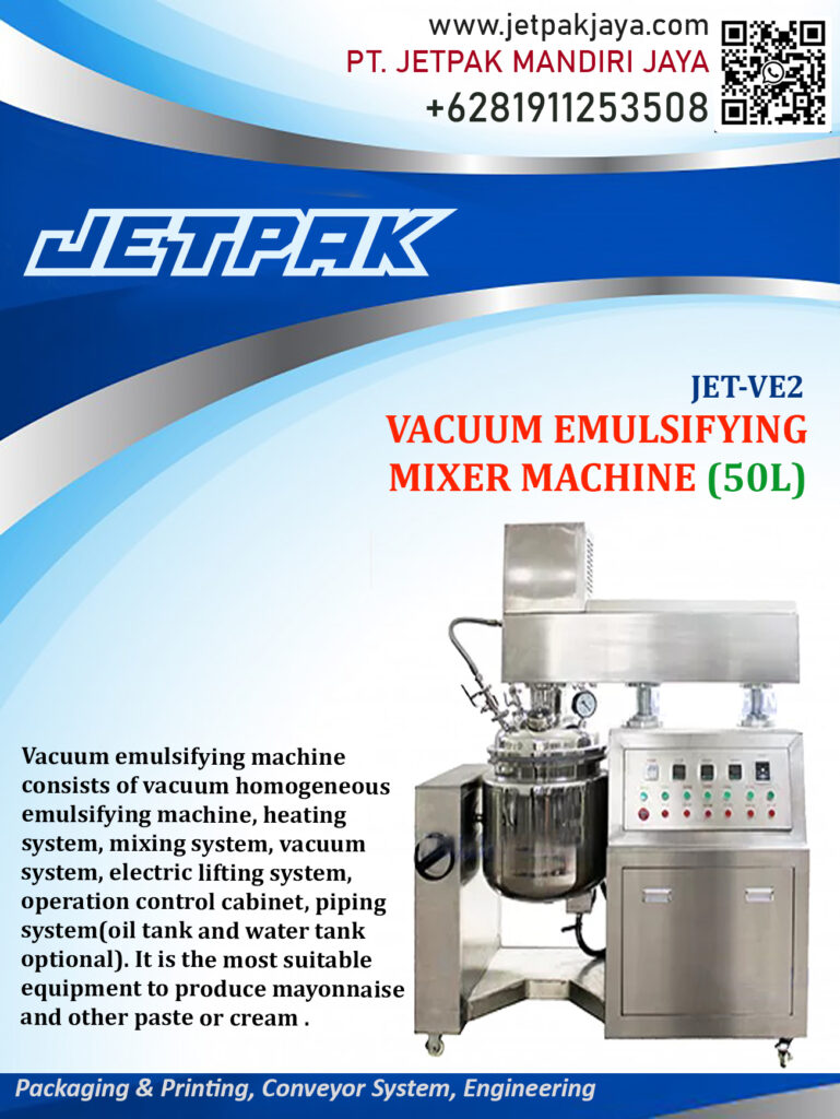 This machine consists of: oil tank, water tank, vacuum homogeneous emulsifying machine, heating system, mixing system, vacuum system,   electric lifting system, operation control cabinet, piping system. It is the most suitable equipment to produce high-grade skin care creams or other creams products.