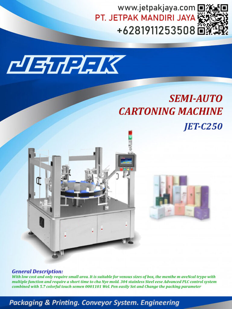 This machine is used for cartoning a product.

For more information please contact:

Leonardo Jr : +6285320680758

PT. JETPAK MANDIRI JAYA PACKAGING MACHINE – CONVEYOR SYSTEM – AUTOMATION – PRINTING – FABRICATION.
https://www.jetpakjaya.com