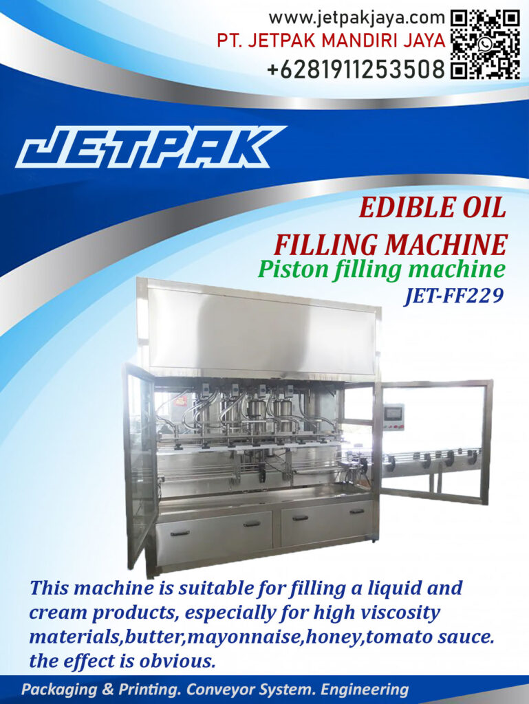 This filling machine is capable of filling liquid and cream based products.

For more information please contact:

Leonardo Jr : +6285320680758

PT. JETPAK MANDIRI JAYA PACKAGING MACHINE – CONVEYOR SYSTEM – AUTOMATION – PRINTING – FABRICATION.
https://www.jetpakjaya.com