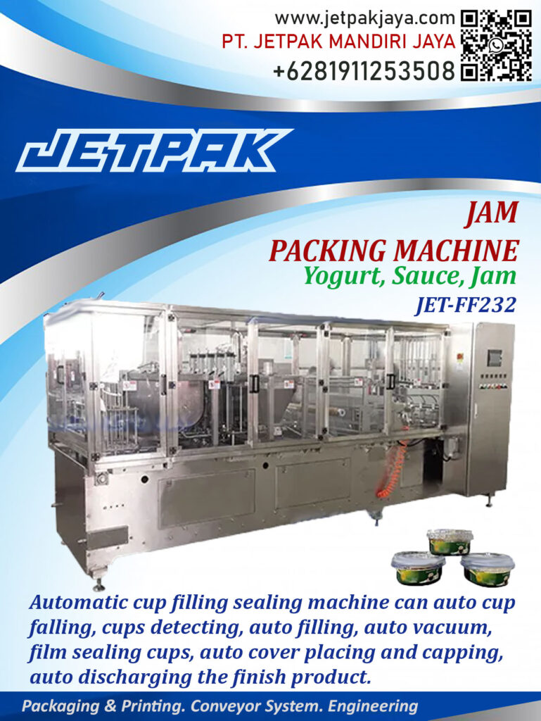 This machine is capable of filling sealing and capping cups.

For more information please contact:

Leonardo Jr : +6285320680758

PT. JETPAK MANDIRI JAYA PACKAGING MACHINE – CONVEYOR SYSTEM – AUTOMATION – PRINTING – FABRICATION.
https://www.jetpakjaya.com