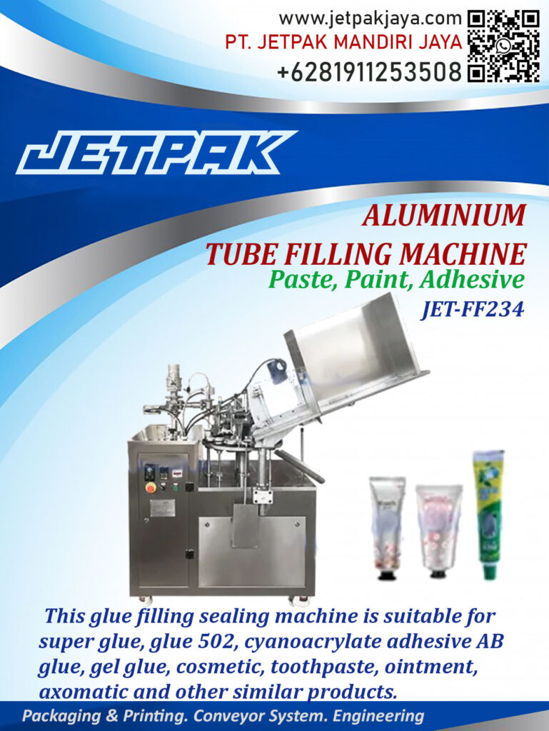 This machine is capable of filling sealing aluminum tubes.

For more information please contact:

Leonardo Jr : +6285320680758

PT. JETPAK MANDIRI JAYA PACKAGING MACHINE – CONVEYOR SYSTEM – AUTOMATION – PRINTING – FABRICATION.
https://www.jetpakjaya.com