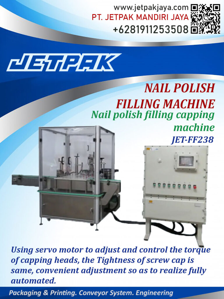 This machine is capable of filling and capping small bottles.

For more information please contact:

Leonardo Jr : +6285320680758

PT. JETPAK MANDIRI JAYA PACKAGING MACHINE – CONVEYOR SYSTEM – AUTOMATION – PRINTING – FABRICATION.
https://www.jetpakjaya.com