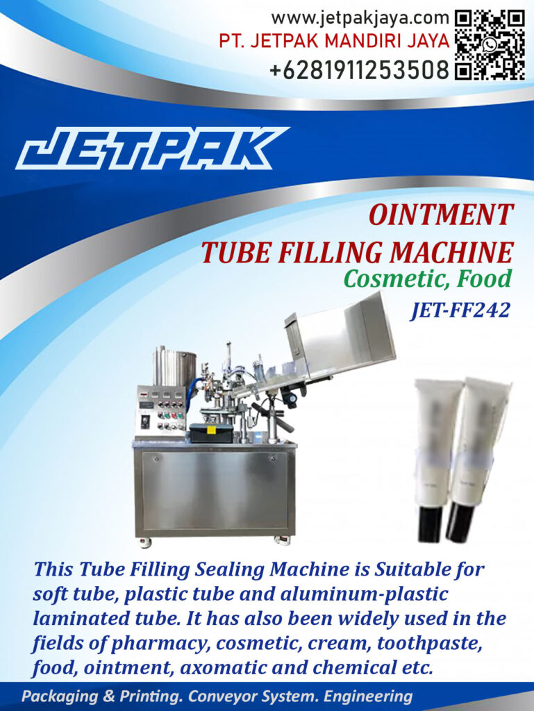 This filling sealing machine is suitable for filling soft plastic or aluminum plastic tube with various products.

For more information please contact:

Leonardo Jr : +6285320680758

PT. JETPAK MANDIRI JAYA PACKAGING MACHINE – CONVEYOR SYSTEM – AUTOMATION – PRINTING – FABRICATION.
https://www.jetpakjaya.com