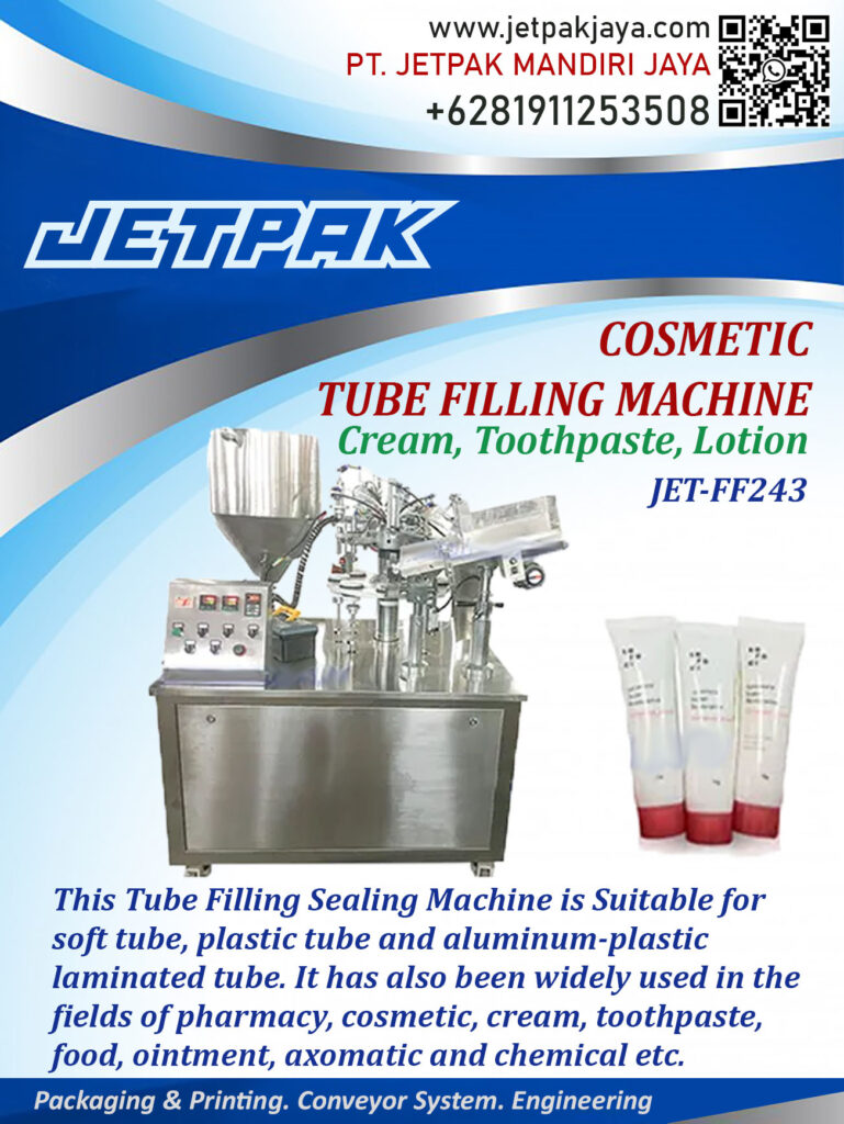 This machine is capable of filling soft plastic and aluminum plastic tube.

For more information please contact:

Leonardo Jr : +6285320680758

PT. JETPAK MANDIRI JAYA PACKAGING MACHINE – CONVEYOR SYSTEM – AUTOMATION – PRINTING – FABRICATION.
https://www.jetpakjaya.com