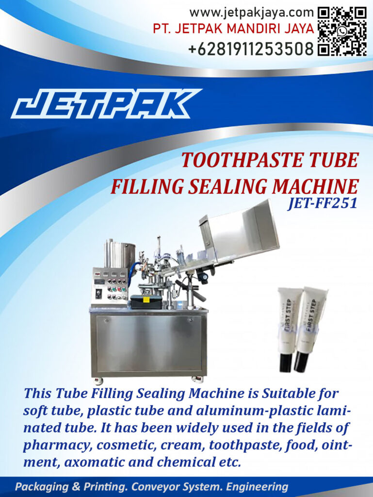 This filling sealing machine is suitable for filling soft tube with a variety of products.

For more information please contact:

Leonardo Jr : +6285320680758

PT. JETPAK MANDIRI JAYA PACKAGING MACHINE – CONVEYOR SYSTEM – AUTOMATION – PRINTING – FABRICATION.
https://www.jetpakjaya.com