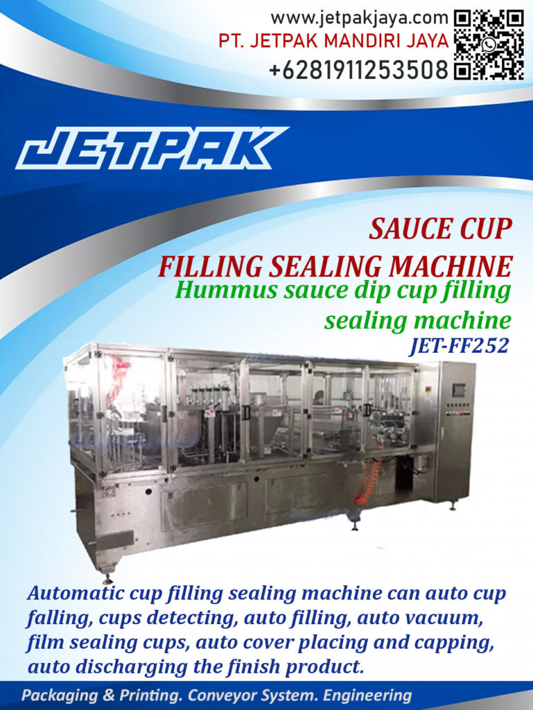 This automatic filling sealing capping machine is capable of filling sauce based products.

For more information please contact:

Leonardo Jr : +6285320680758

PT. JETPAK MANDIRI JAYA PACKAGING MACHINE – CONVEYOR SYSTEM – AUTOMATION – PRINTING – FABRICATION.
https://www.jetpakjaya.com