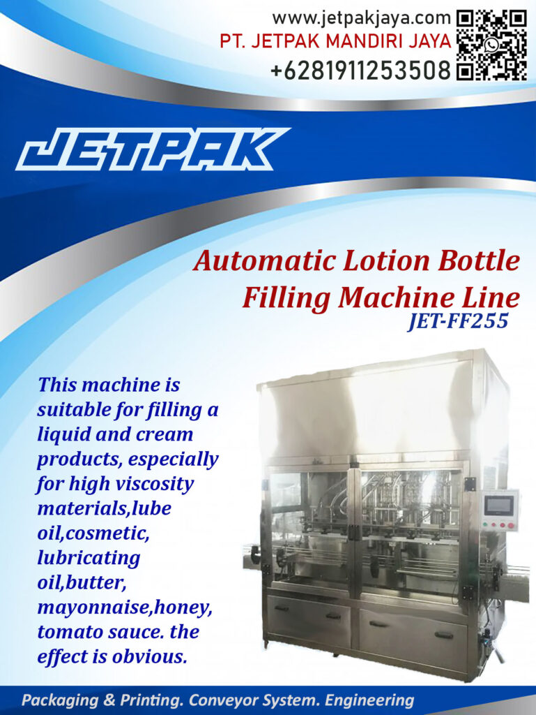 This machine is suitable for filling liquid and cream based products.

For more information please contact:

Leonardo Jr : +6285320680758

PT. JETPAK MANDIRI JAYA PACKAGING MACHINE – CONVEYOR SYSTEM – AUTOMATION – PRINTING – FABRICATION.
https://www.jetpakjaya.com