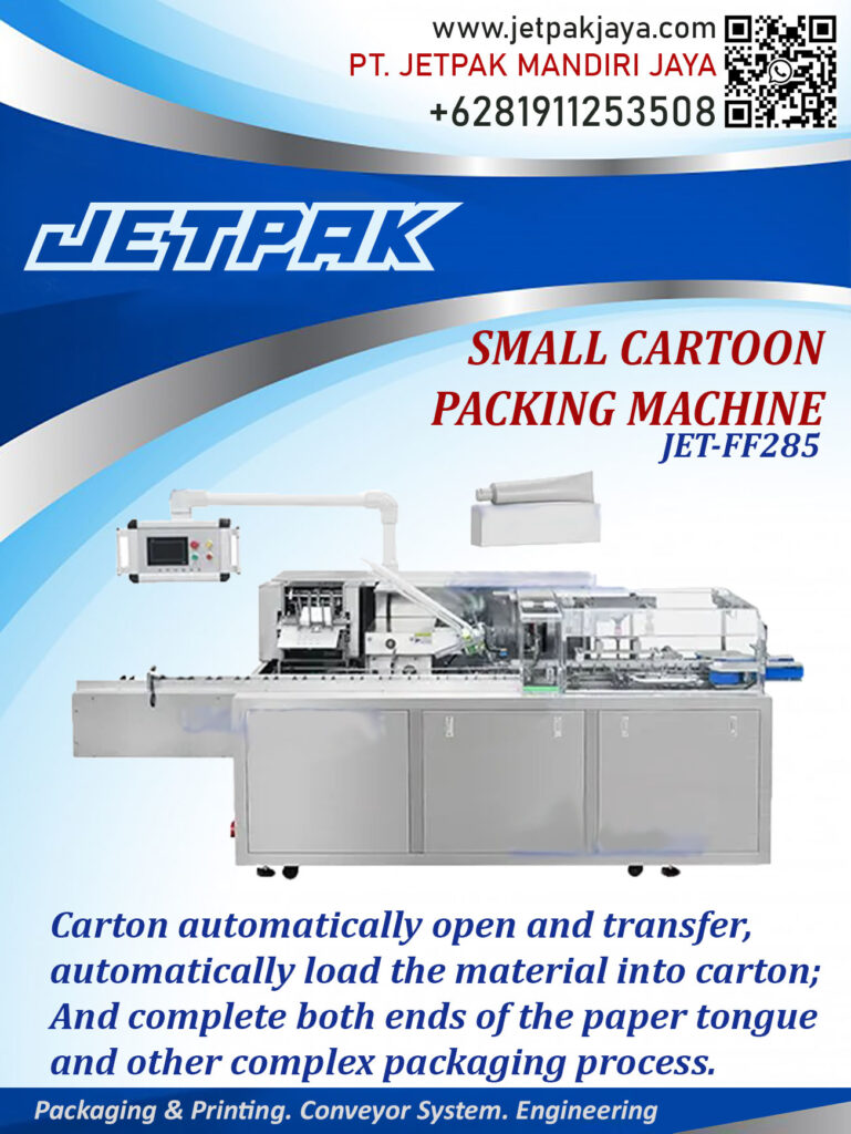 This machine is capable of packing products into cartons.

For more information please contact:

Leonardo Jr : +6285320680758

PT. JETPAK MANDIRI JAYA PACKAGING MACHINE – CONVEYOR SYSTEM – AUTOMATION – PRINTING – FABRICATION.
https://www.jetpakjaya.com